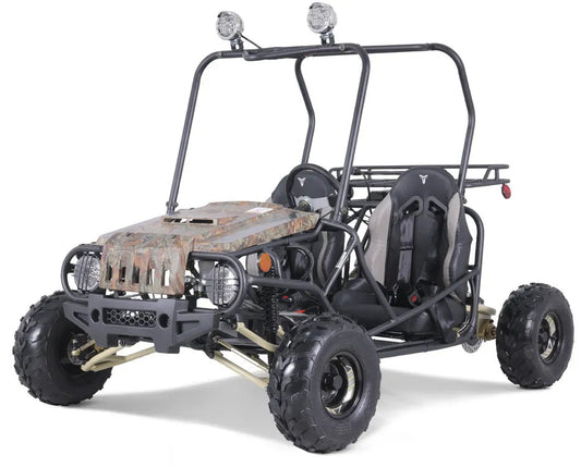Two-seat camo go-kart with off-road tires, front lights, and roll cage for kids or adults