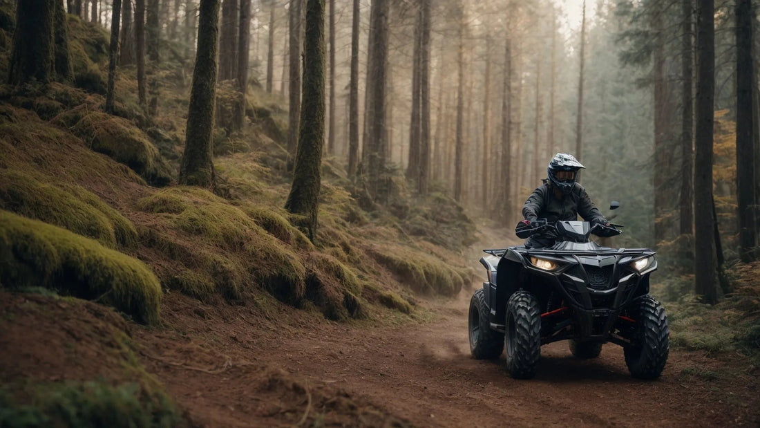 Rider on a black ATV navigating a forest trail, showcasing Q9 PowerSports USA off-road vehicle