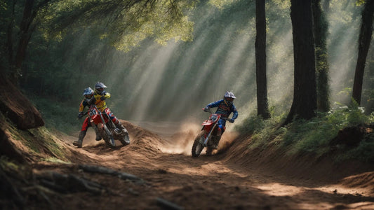 Three riders on dirt bikes racing through a forest trail with sunlight streaming through trees