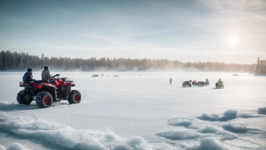 People riding ATVs on a snowy frozen lake with a forest in the background