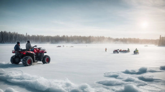 People riding ATVs on a snowy frozen lake with a forest in the background