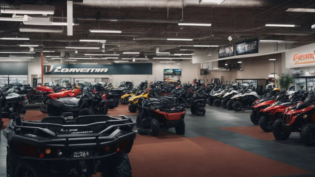 Showroom with multiple ATVs, dirt bikes, and go-karts in various colors on display indoors