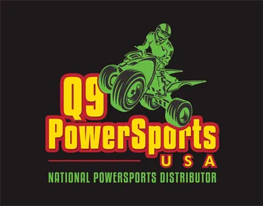 Illustration of a rider on an ATV with bold Q9 PowerSports USA text and national distributor tagline