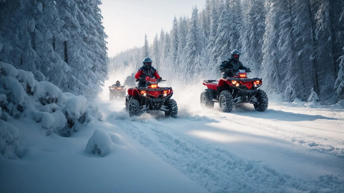 Riders driving red ATVs through snowy forest landscape in winter.