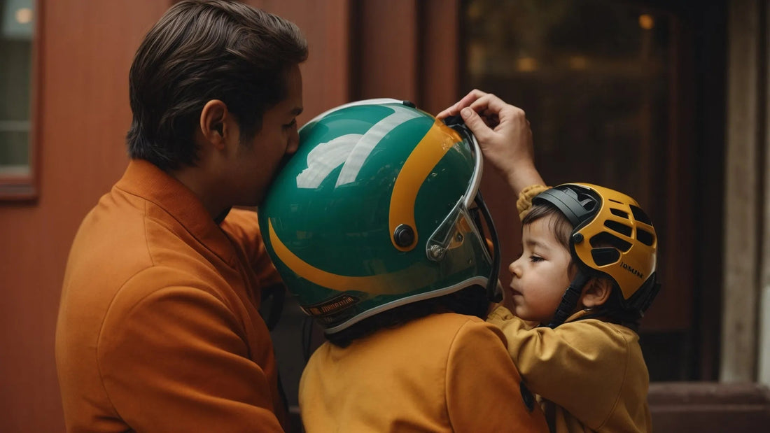 Adult helping child adjust green and yellow motorcycle helmet while another child wearing yellow helmet watches