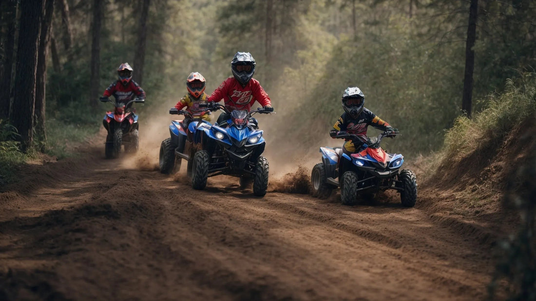 Four riders on ATVs racing on a dirt trail in a forest, kicking up dust