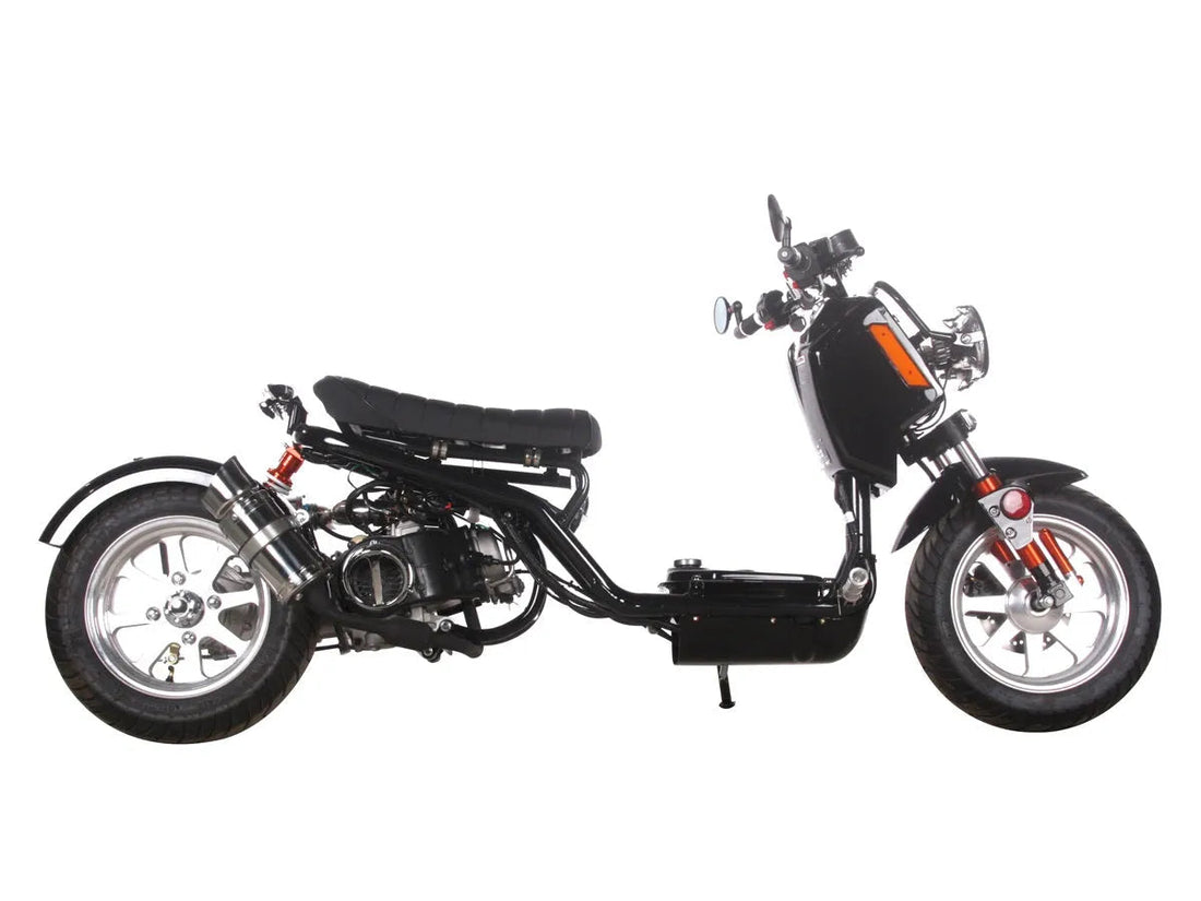 Black gas-powered motor scooter with exposed frame, chrome wheels, and orange shock absorbers