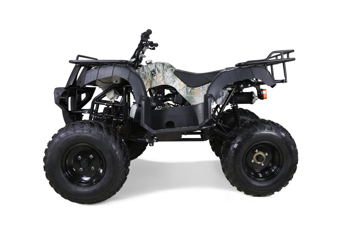 Black ATV with rugged tires and camo seat, side view, off-road utility vehicle on white background