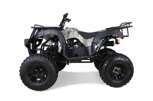 Black ATV with rugged tires and camo seat, side view, off-road utility vehicle on white background