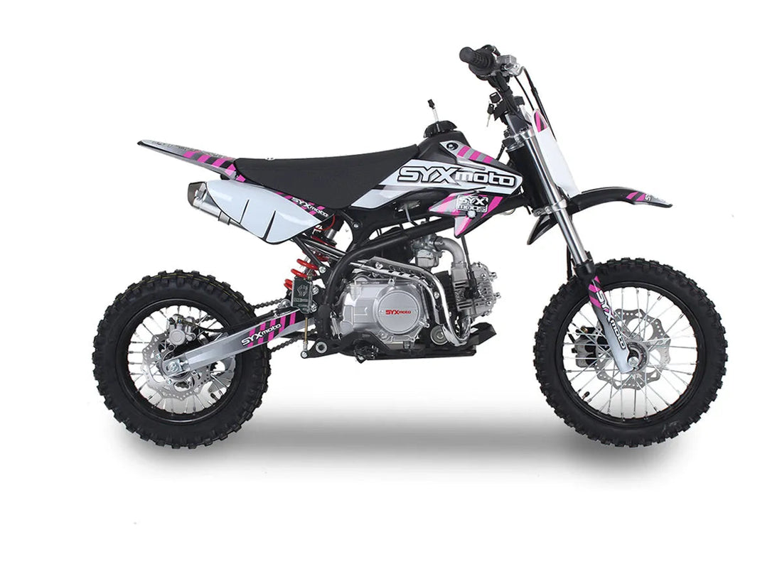 SYX moto dirt bike with black seat, white and pink accents, off-road tires, displayed on white background