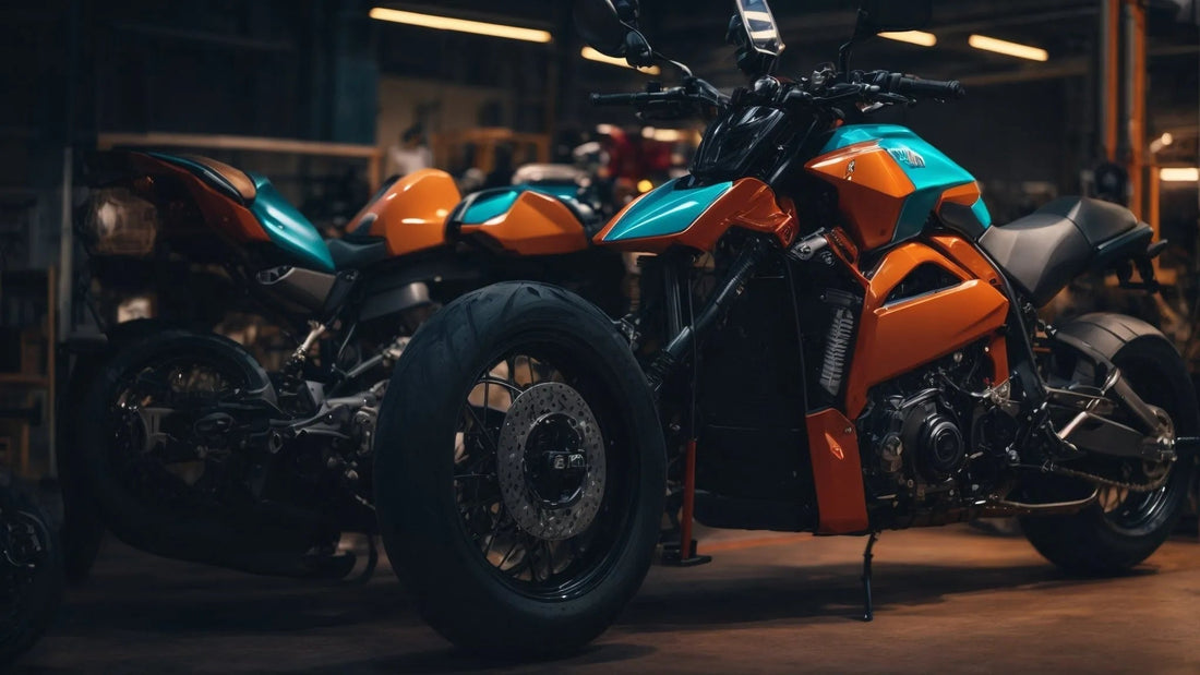 Two brightly colored orange and teal sport motorcycles parked indoors in a showroom setting.