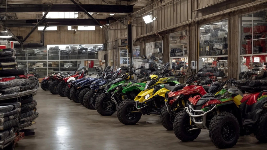 Colorful ATVs lined up in a warehouse showroom with industrial lighting and concrete floor