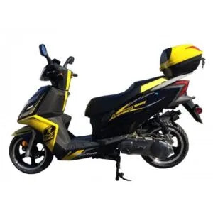 Black and yellow scooter with rear storage box, side view, suitable for teens and adults