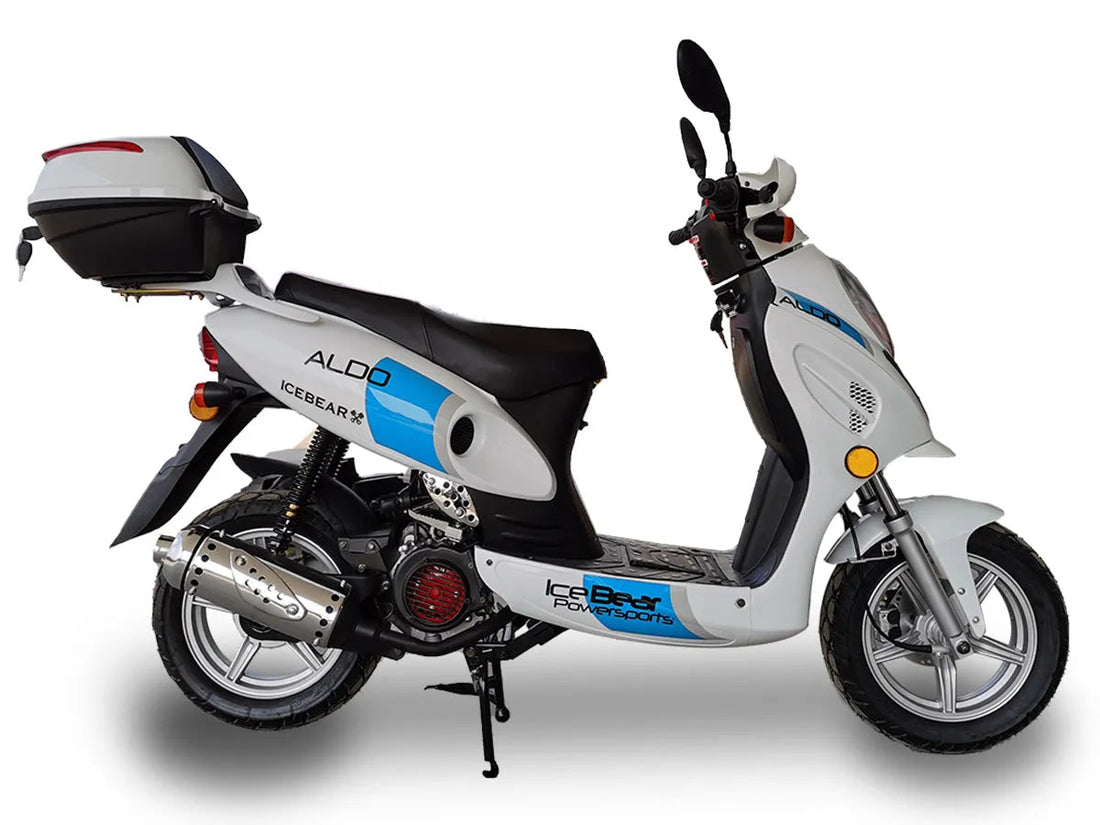 White and blue Icebear Aldo powersports scooter with rear storage box, side view