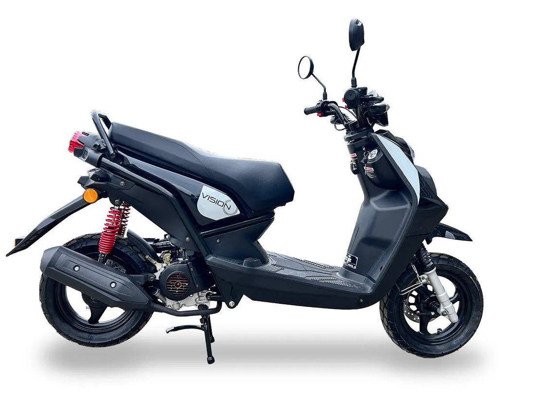 Black Vision scooter with red rear suspension, shown in side view on white background