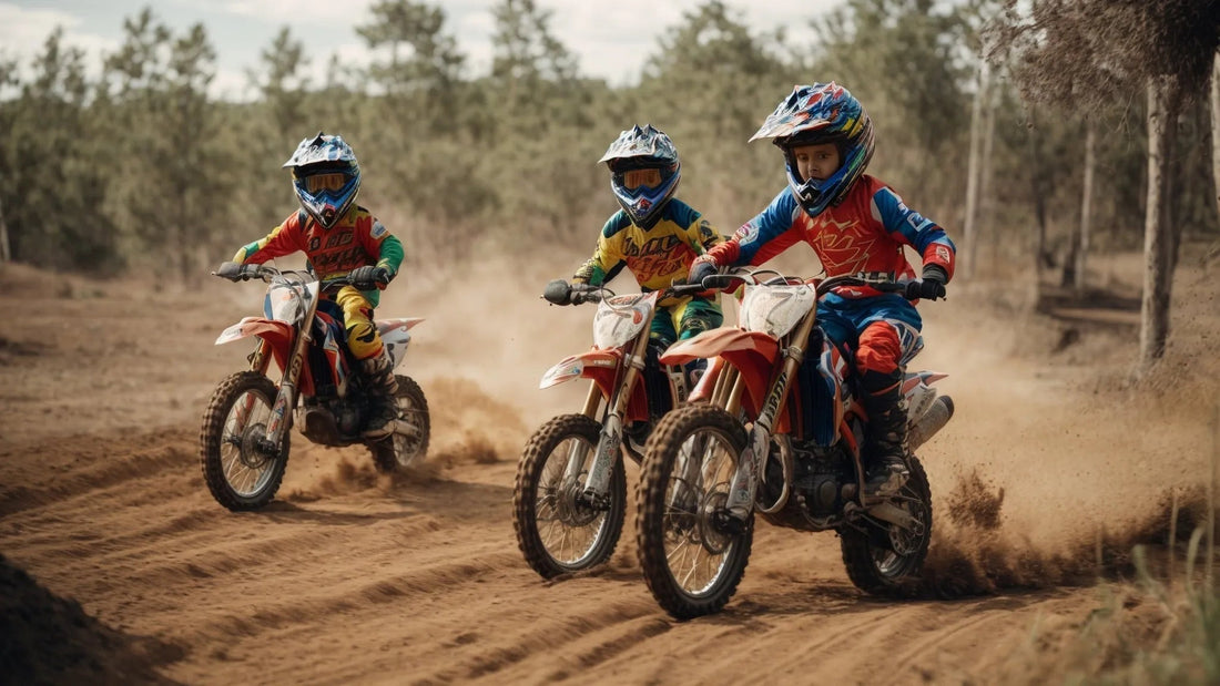 Kids riding dirt bikes on a dusty trail, wearing helmets and colorful motocross gear