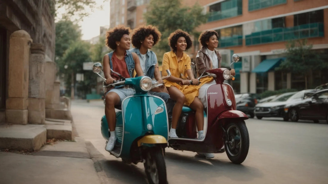 Four young adults riding colorful scooters together on a city street