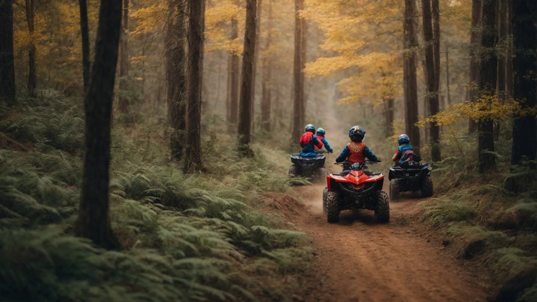 Group riding ATVs on a forest trail with autumn trees and ferns, outdoor adventure scene