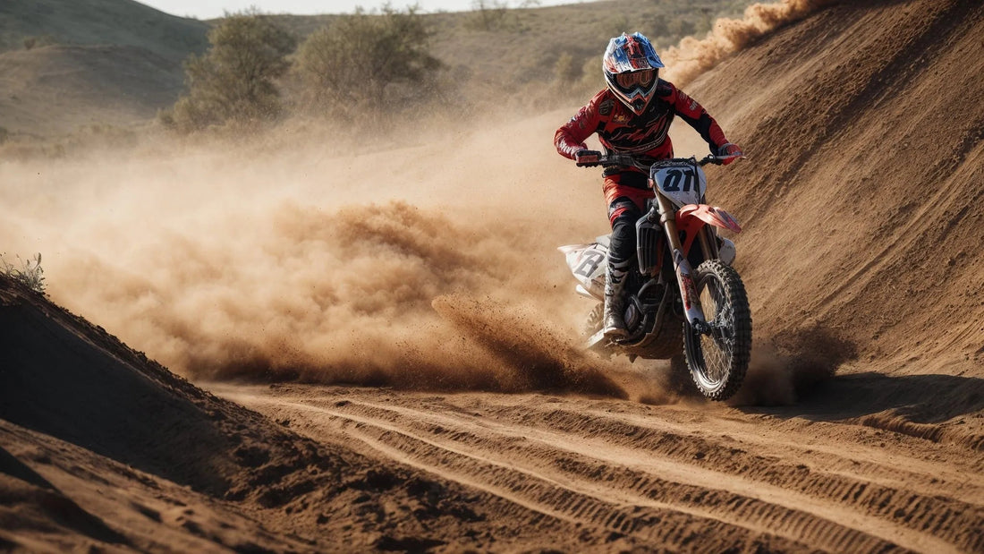 Rider in red gear on a dirt bike racing through a sandy motocross track, dust flying.