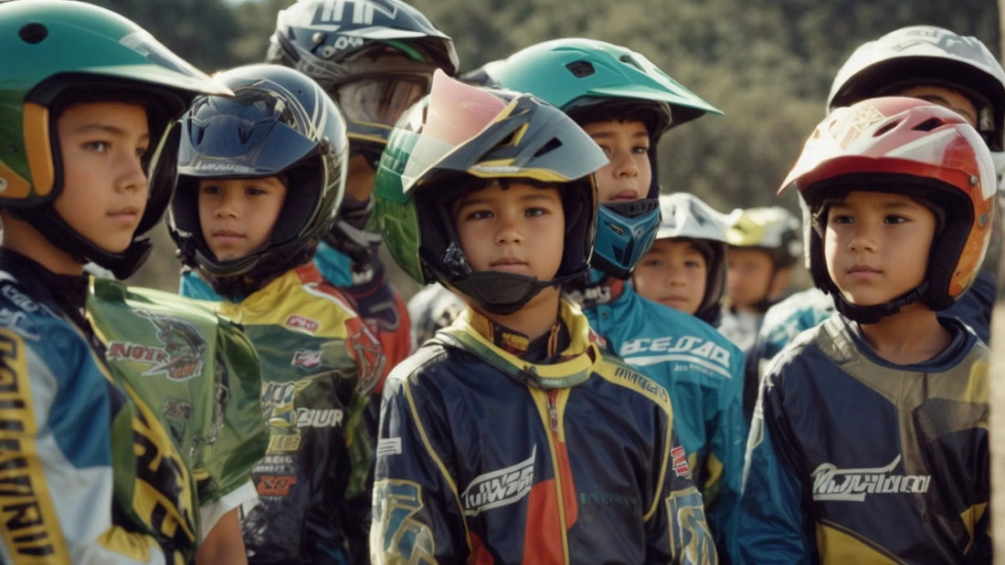 Group of kids in motocross helmets and racing gear outdoors at a dirt bike event
