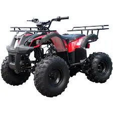 Red and black all-terrain ATV with rugged tires and front and rear racks on white background
