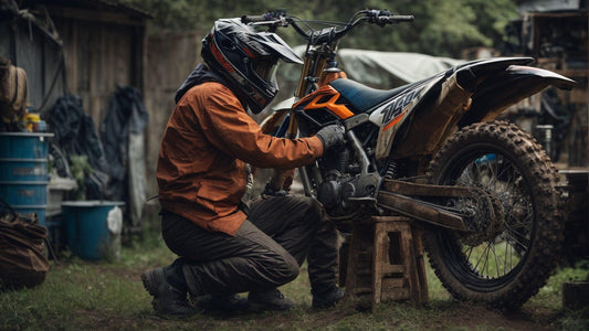 Person in helmet performing maintenance on a 4-stroke dirt bike outdoors