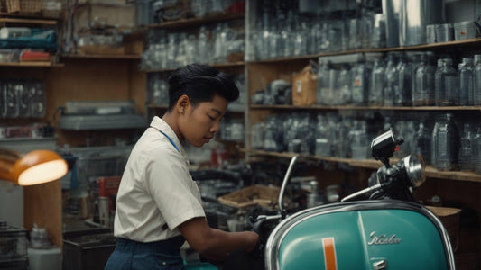 Mechanic performing 4-stroke motor scooter maintenance in a workshop with parts shelves