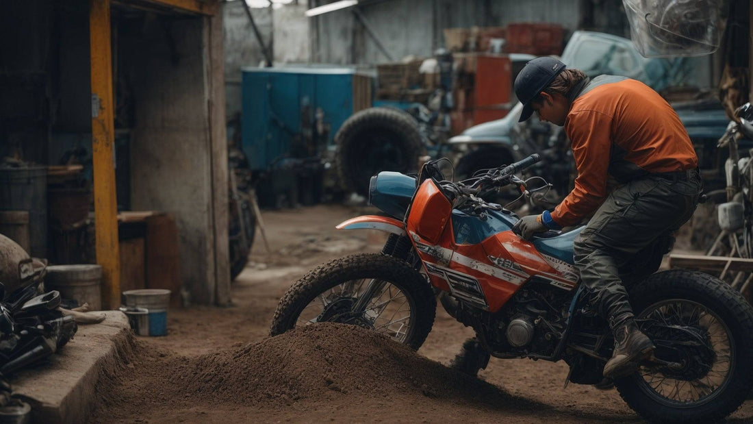 Person performing routine maintenance on a dirt bike in a workshop setting