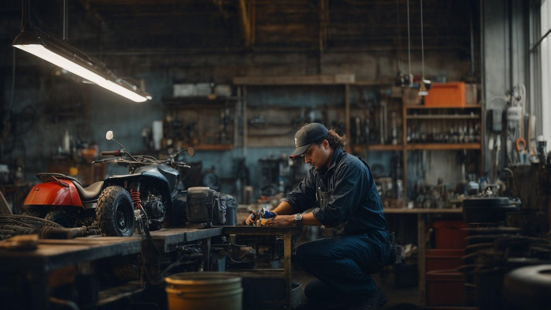 Mechanic performing routine maintenance on a 4-stroke ATV in a workshop setting