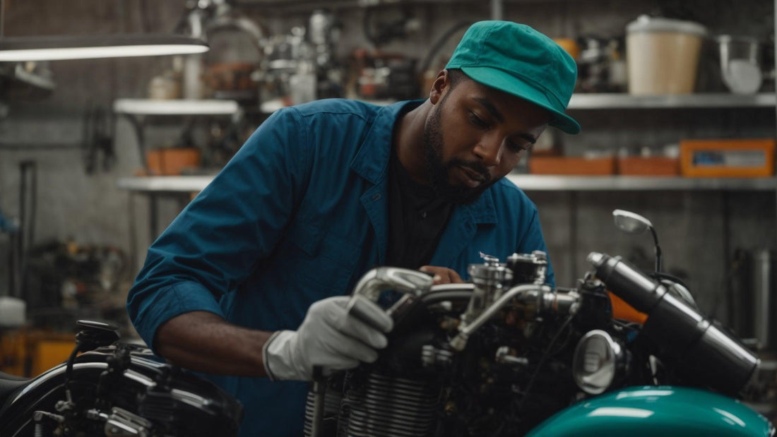 Mechanic cleaning motorcycle carburetor in workshop, powersports maintenance