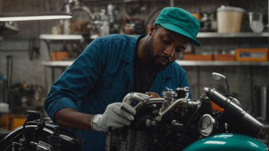 Mechanic cleaning motorcycle carburetor in workshop, powersports maintenance