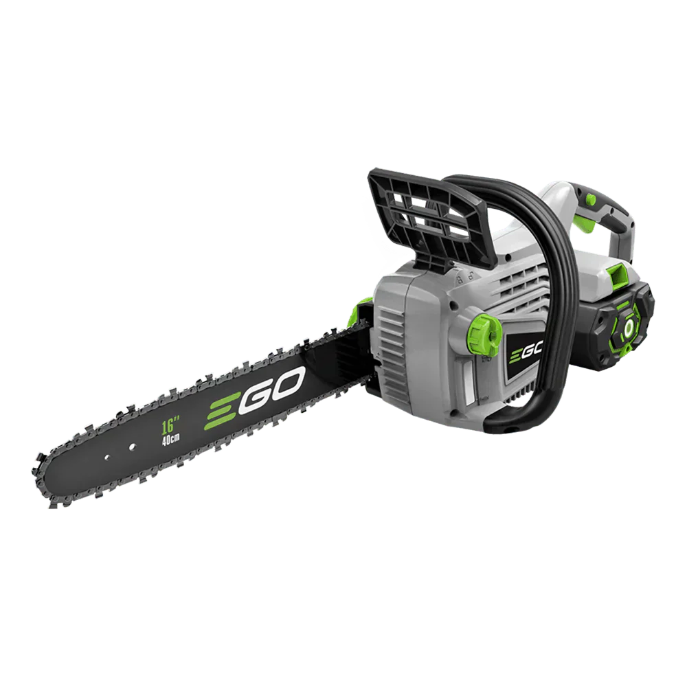 Battery-powered chainsaw with 16-inch blade, ergonomic handle, and green accents
