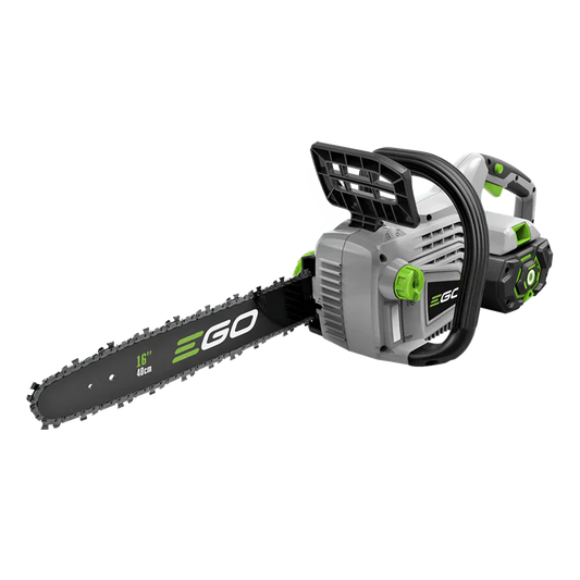 Battery-powered chainsaw with 16-inch blade, ergonomic handle, and green accents