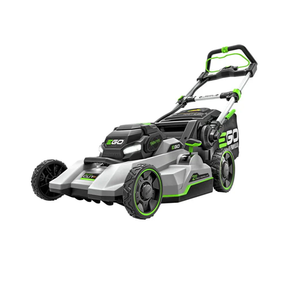 Battery powered lawn mower with green accents and large wheels on white background