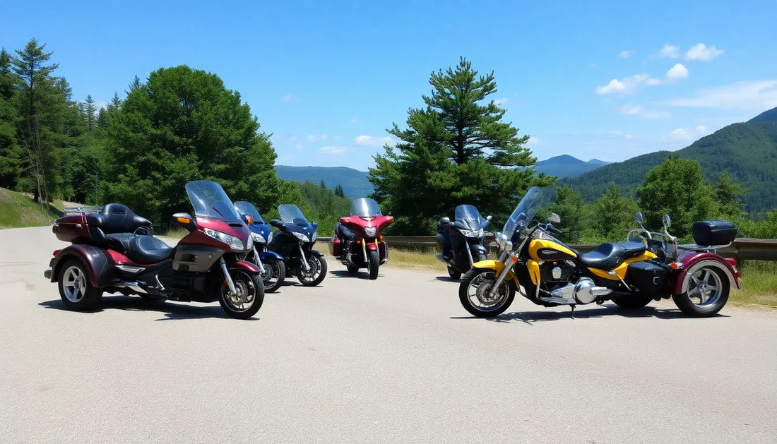 Trikes and touring motorcycles parked on mountain road with scenic forest and hills