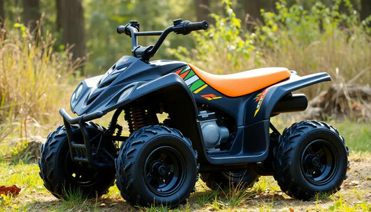 Black youth ATV with orange seat and off-road tires parked on a grassy outdoor trail.