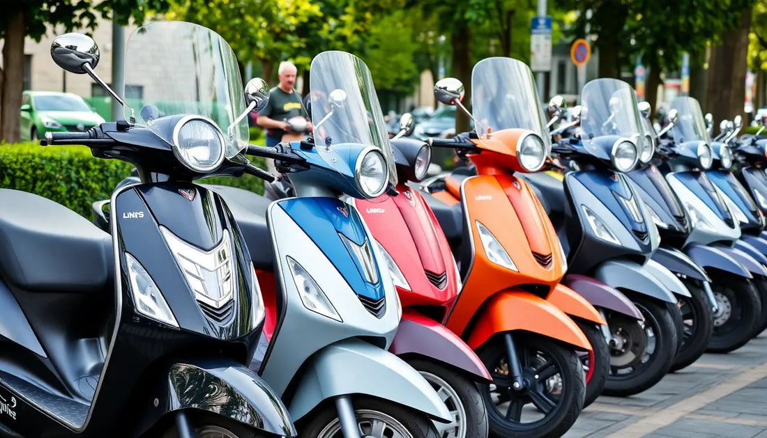 Row of colorful scooters with windshields parked outdoors on a sunny day