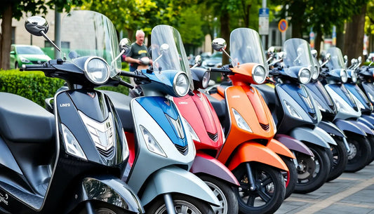 Row of colorful scooters with windshields parked outdoors on a sunny day