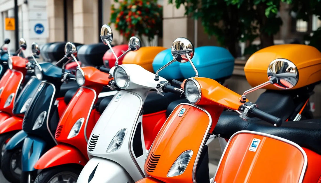 Row of colorful motor scooters with mirrors parked outdoors on city street