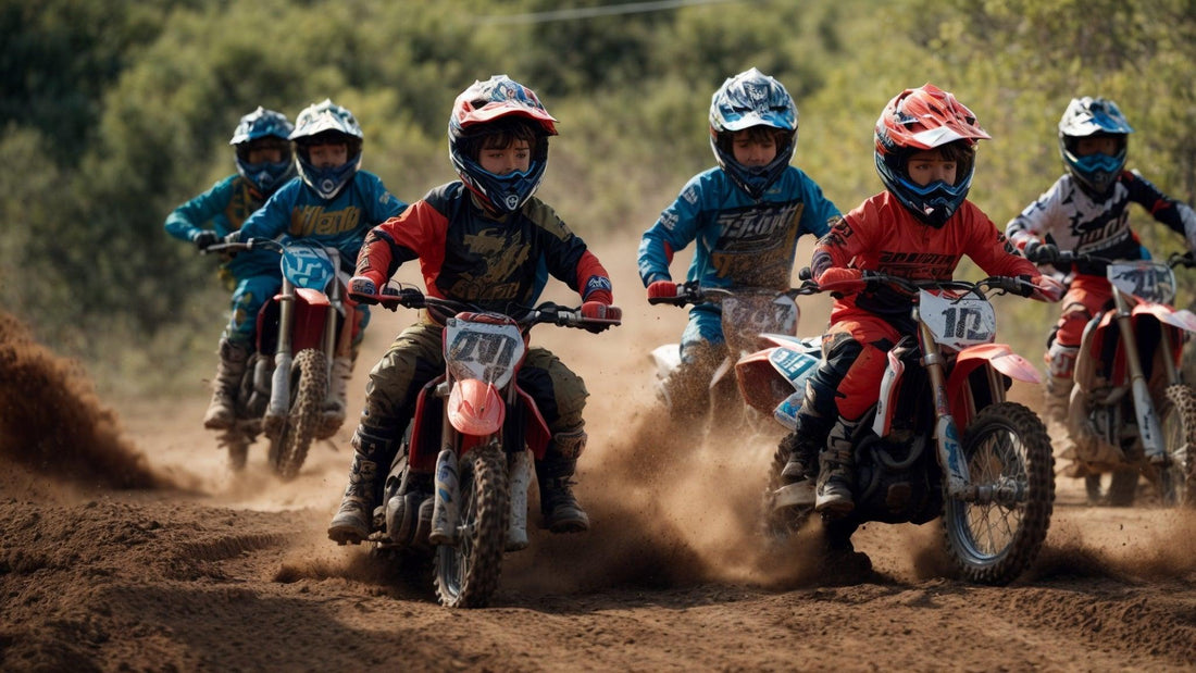 Kids riding youth dirt bikes in a dirt track race, wearing helmets and motocross gear.