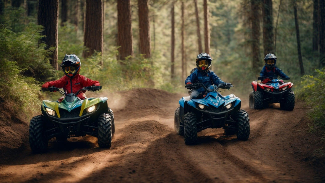 Kids riding beginner ATVs on a dirt trail in a forest, wearing helmets and safety gear