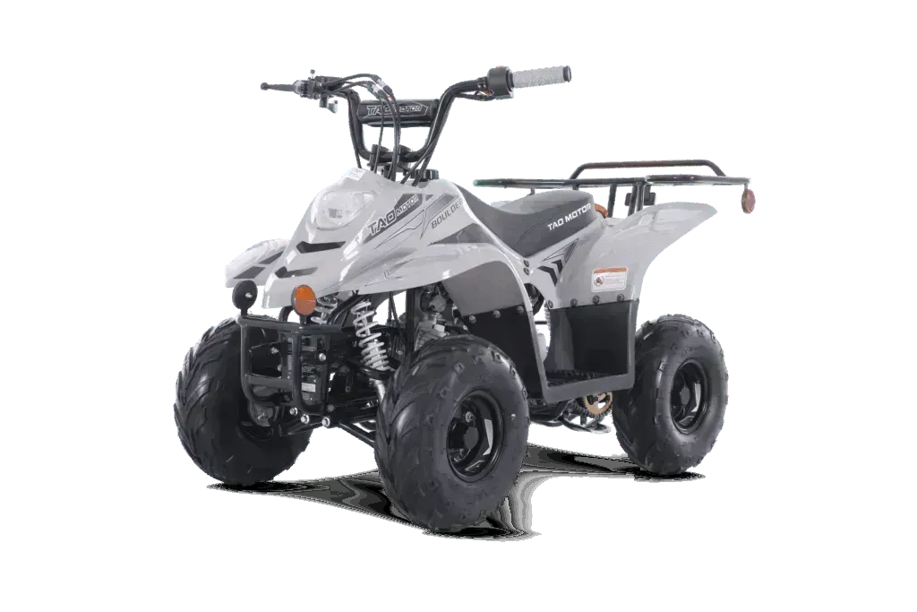 White 110cc kids ATV with large tires and front headlight, ideal for beginners