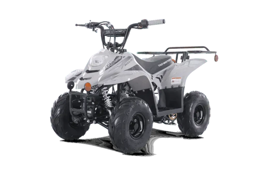 White 110cc kids ATV with large tires and front headlight, ideal for beginners
