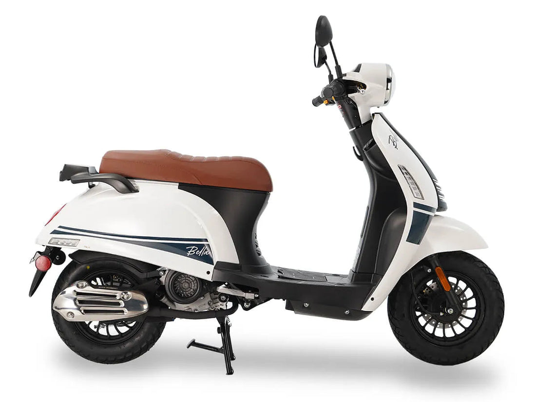White 50cc scooter with brown seat and black wheels, side view on white background