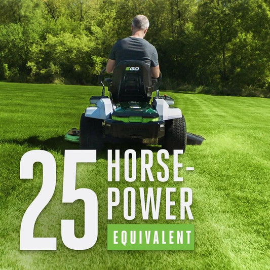 Man riding EGO zero turn lawn mower on grass, 25 horsepower equivalent text, outdoor setting