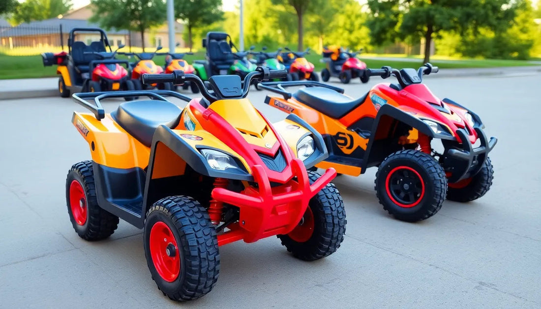 Youth ATVs with rugged tires and colorful bodies parked outdoors on pavement