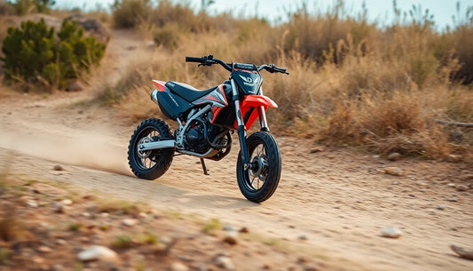 Red and black dirt bike on a rugged off-road trail with desert brush in the background