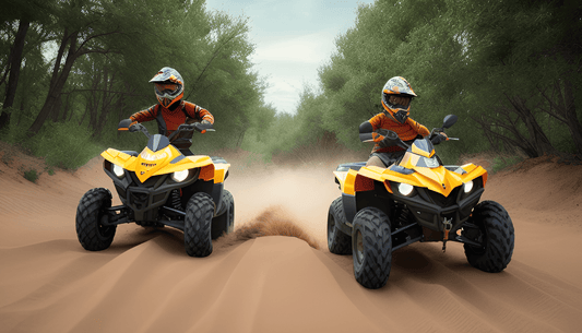 Kids riding yellow ATVs on a sandy trail with protective helmets and outdoor gear