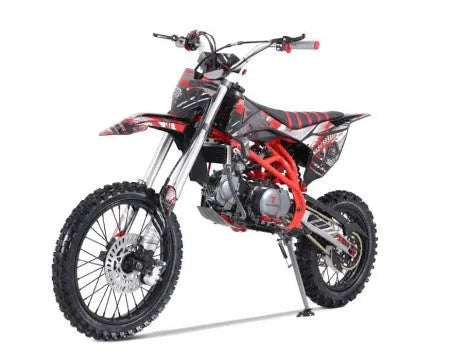 Black and red youth dirt bike with rugged tires and motocross styling on a white background.