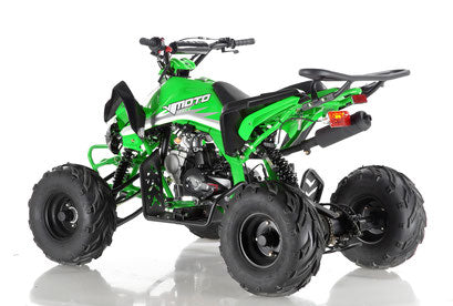 Green youth ATV with black wheels on white background, featured at Q9 PowerSports USA